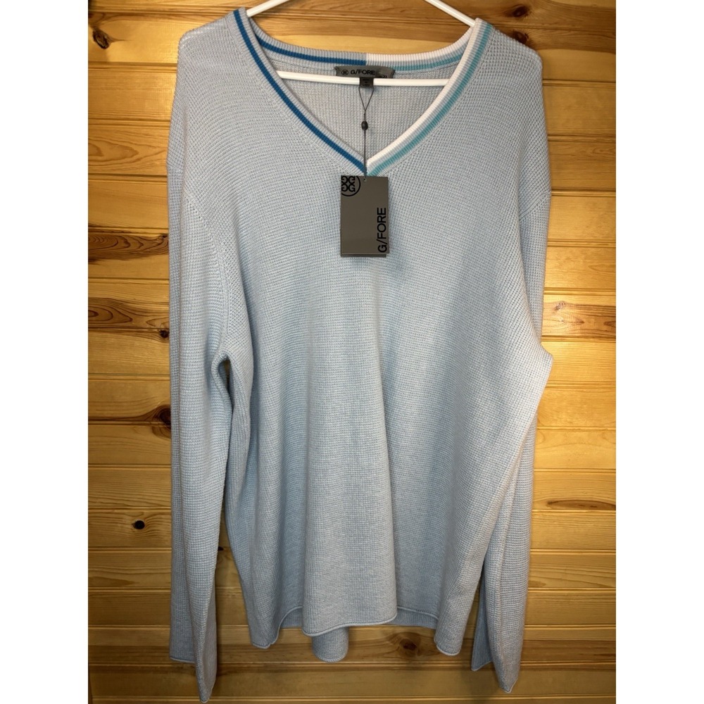 G/Fore G4 Waffle Knit V Neck Baja Blue Golf Sweater 100% Wool Men's XL NWT $295 - Picture 2 of 8